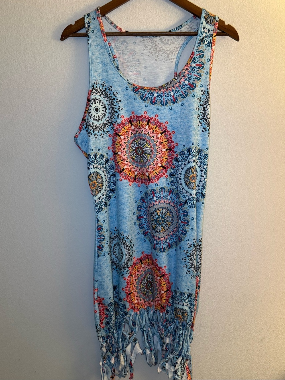Boho Medallion Fringe Midi Dress in Light Blue